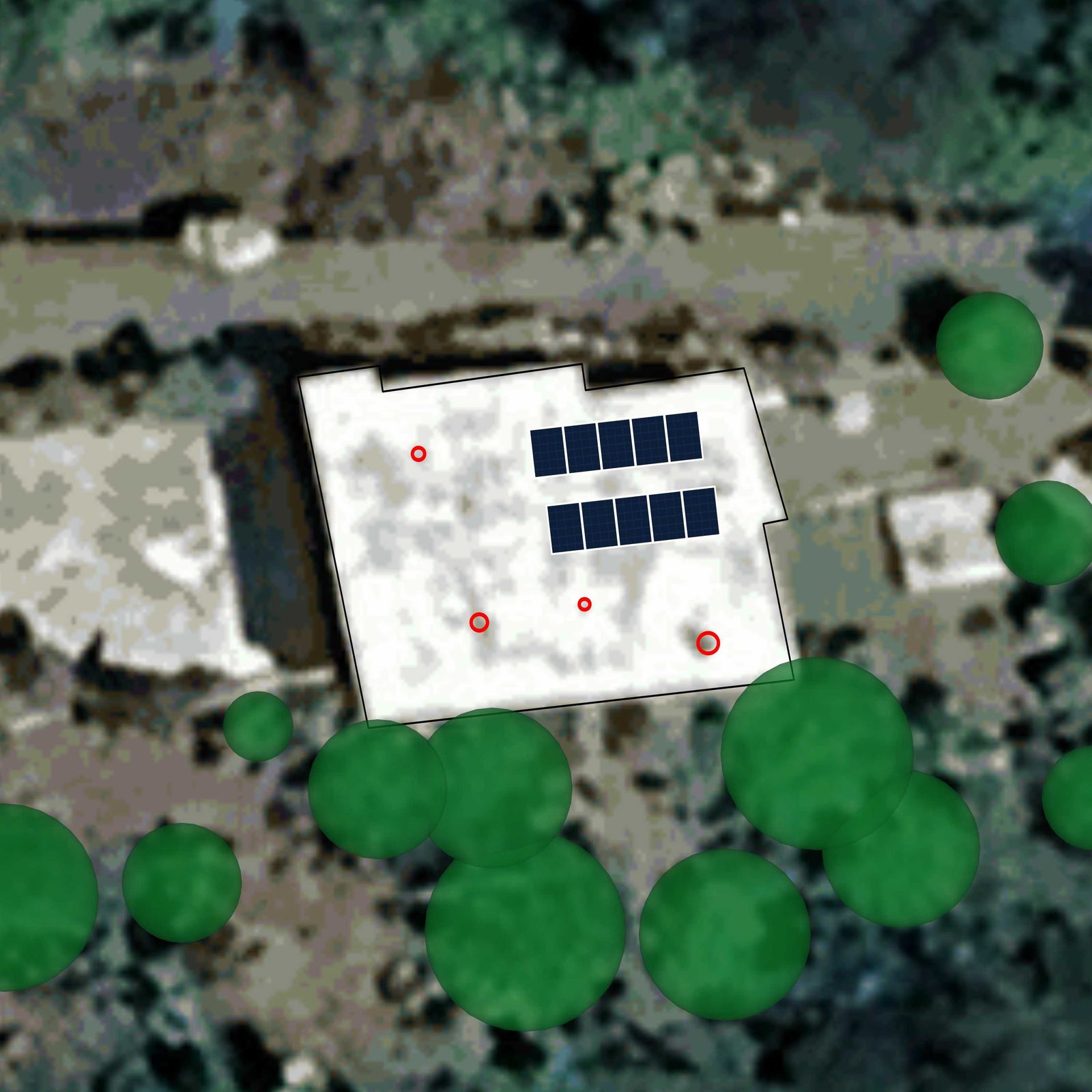 Diseño solar para BO Caimito Sector Olvidados — vista aérea con 10 paneles distribuidos en 2 filas de 5 sobre el techo